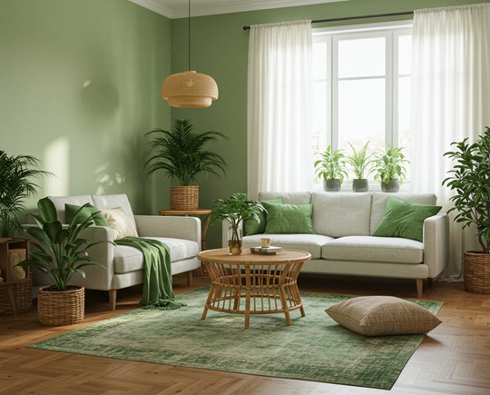 Modern ve Doğal Salon Tasarımı: Yeşilin Huzur Verici Dokunuşu