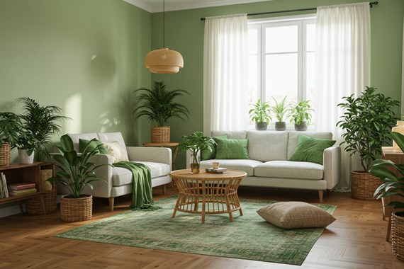 Modern ve Doğal Salon Tasarımı: Yeşilin Huzur Verici Dokunuşu
